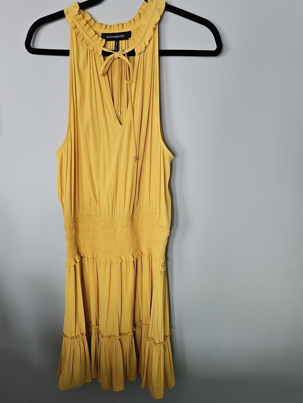 BCBGMaxAzria Mustard Yellow Ruffled Halter Mini Dress